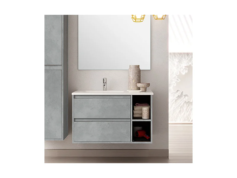 Meuble de salle de bain vasque déportée 2 tiroirs OLYMPE et miroir Led VELDI - ciment (gris) - 80cm