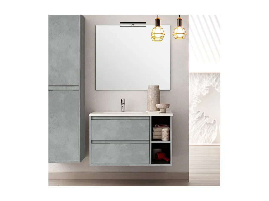 Meuble de salle de bain vasque déportée 2 tiroirs OLYMPE et miroir Led VELDI - ciment (gris) - 80cm