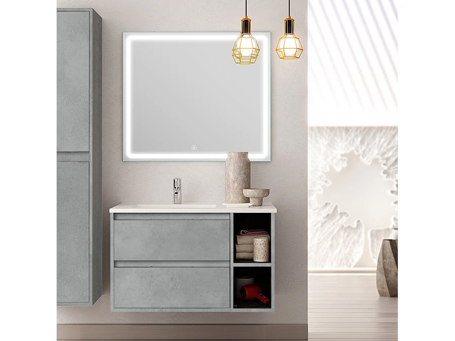 Meuble de salle de bain vasque déportée 2 tiroirs OLYMPE et miroir Led VELDI - ciment (gris) - 80cm