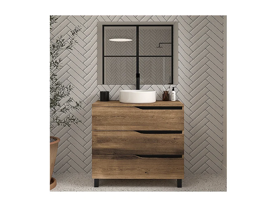 Meuble de salle de bain 90cm avec plateau et vasque à poser - 3 tiroirs - tabaco (chêne foncé) - MATA