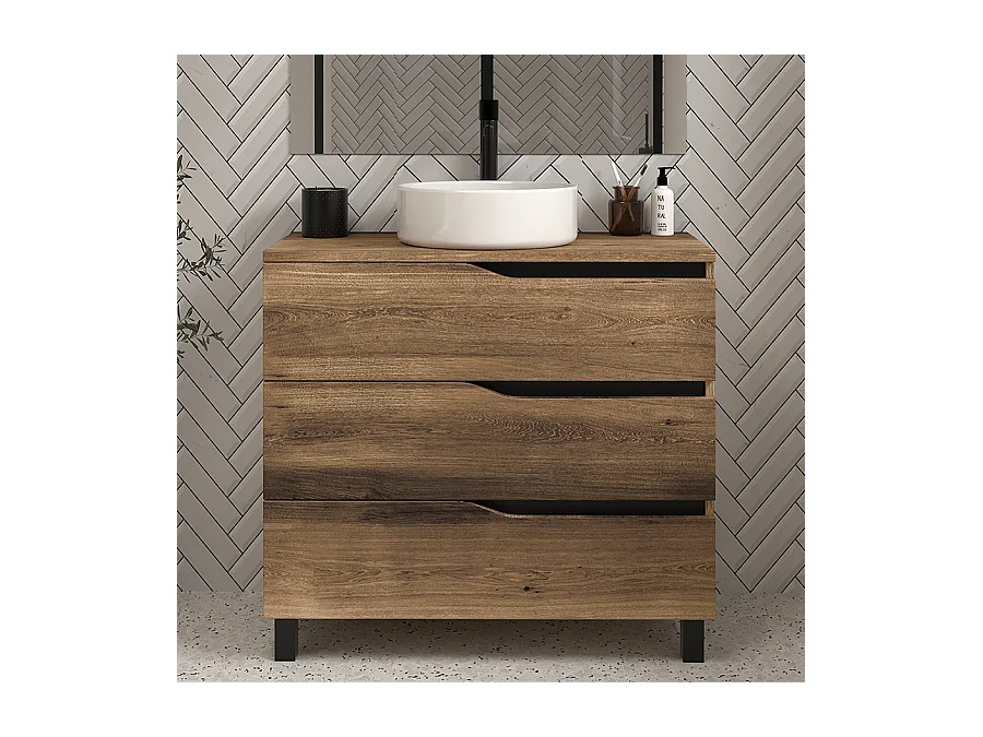 Meuble de salle de bain 90cm avec plateau et vasque à poser - 3 tiroirs - tabaco (chêne foncé) - MATA