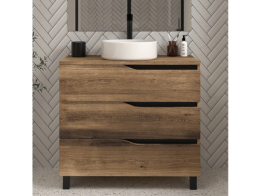 Meuble de salle de bain 90cm avec plateau et vasque à poser - 3 tiroirs - tabaco (chêne foncé) - MATA