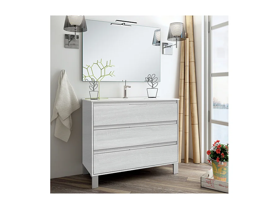 Meuble de salle de bain 100cm simple vasque - 3 tiroirs - TIRIS 3C - hibernian (bois blanchi)