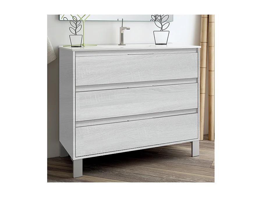 Meuble de salle de bain 100cm simple vasque - 3 tiroirs - TIRIS 3C - hibernian (bois blanchi)