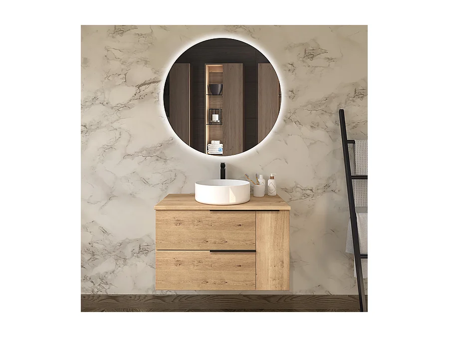 Meuble de salle de bain avec vasque à poser ronde KING et miroir rond SOLEN - Roble (chêne clair) - 80cm