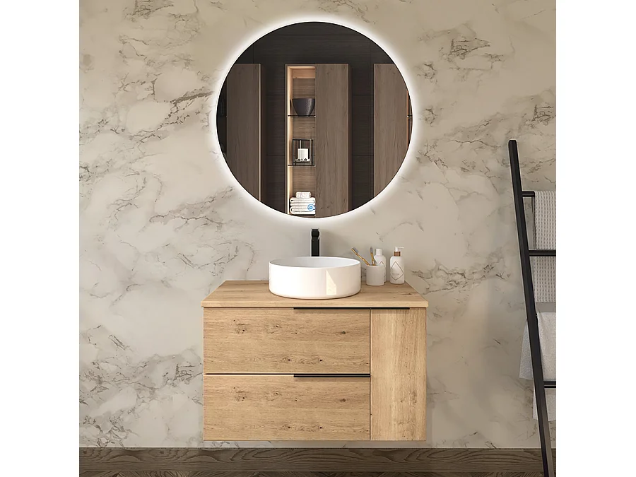 Meuble de salle de bain avec vasque à poser ronde KING et miroir rond SOLEN - Roble (chêne clair) - 80cm