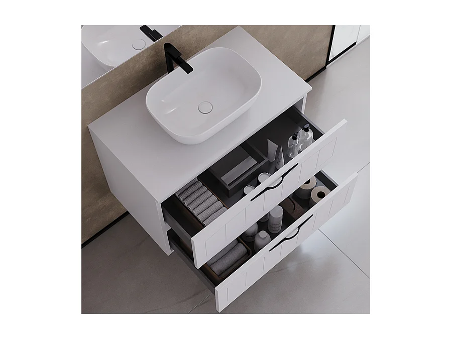 Meuble de salle de bain 70cm avec plateau et vasque à poser ovale - 2 tiroirs - sans miroir - blanc - PIA