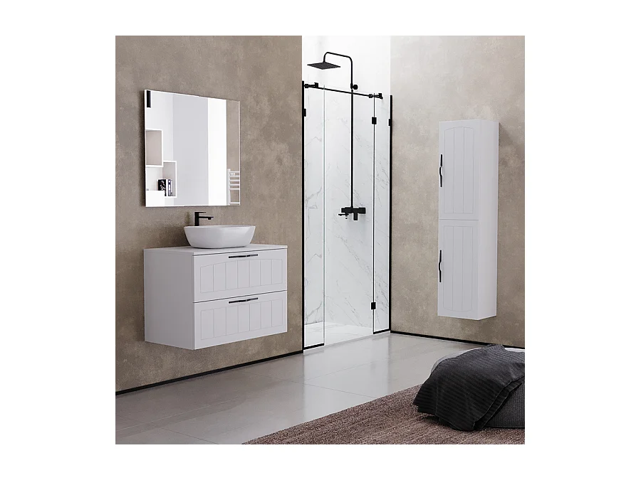 Meuble de salle de bain 70cm avec plateau et vasque à poser ovale - 2 tiroirs - sans miroir - blanc - PIA
