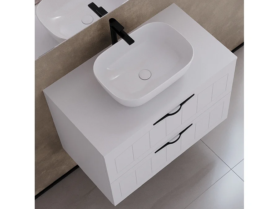 Meuble de salle de bain 70cm avec plateau et vasque à poser ovale - 2 tiroirs - sans miroir - blanc - PIA