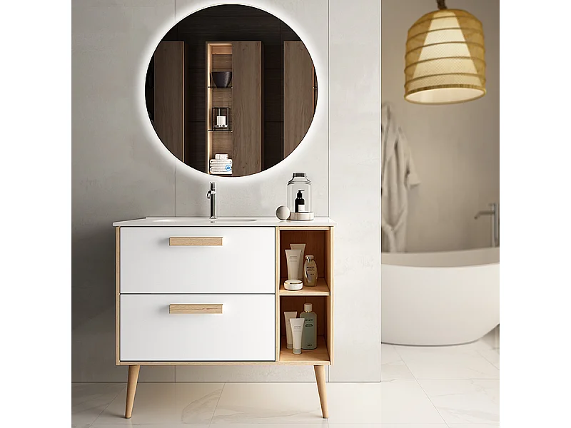 Meuble de salle de bain vasque déportée - 2 tiroirs - MALIA et miroir rond Led SOLEN - blanc - 80cm