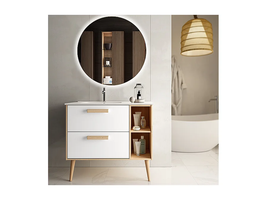 Meuble de salle de bain vasque déportée - 2 tiroirs - MALIA et miroir rond Led SOLEN - blanc - 80cm