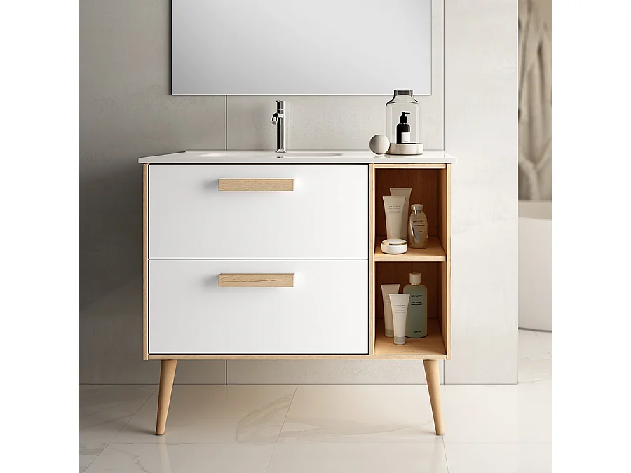 Meuble de salle de bain vasque déportée - 2 tiroirs - MALIA et miroir rond Led SOLEN - blanc - 80cm