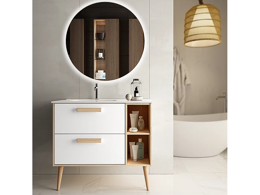 Meuble de salle de bain vasque déportée - 2 tiroirs - MALIA et miroir rond Led SOLEN - blanc - 80cm