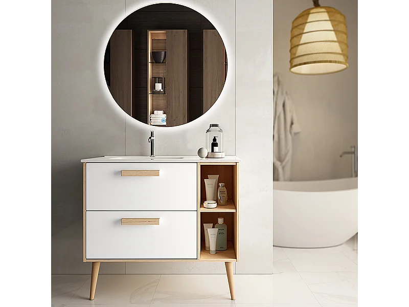 Meuble de salle de bain vasque déportée - 2 tiroirs - MALIA et miroir rond Led SOLEN - blanc - 80cm