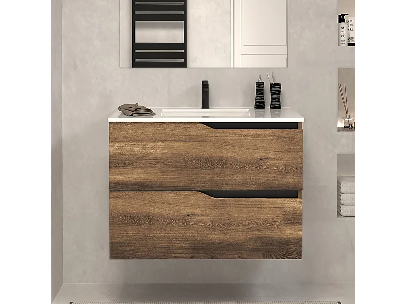 Meuble de salle de bain 60cm simple vasque - sans miroir - 2 tiroirs - tabaco (bois foncé) - LUNA