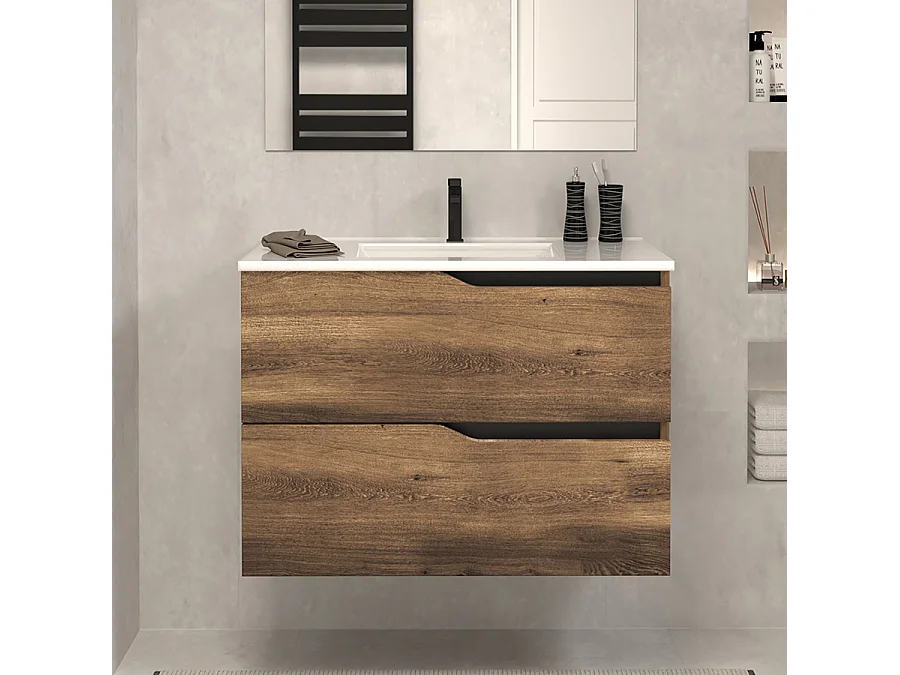 Meuble de salle de bain 60cm simple vasque - sans miroir - 2 tiroirs - tabaco (bois foncé) - LUNA