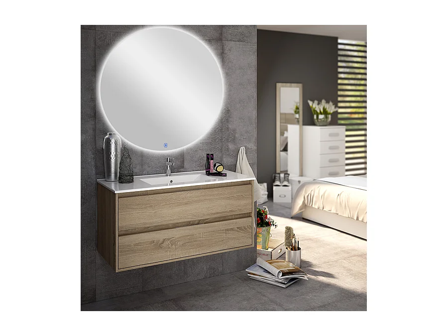 Meuble de salle de bain simple vasque - 2 tiroirs - IRIS et miroir rond Led SOLEN - cambrian (chêne) - 80cm