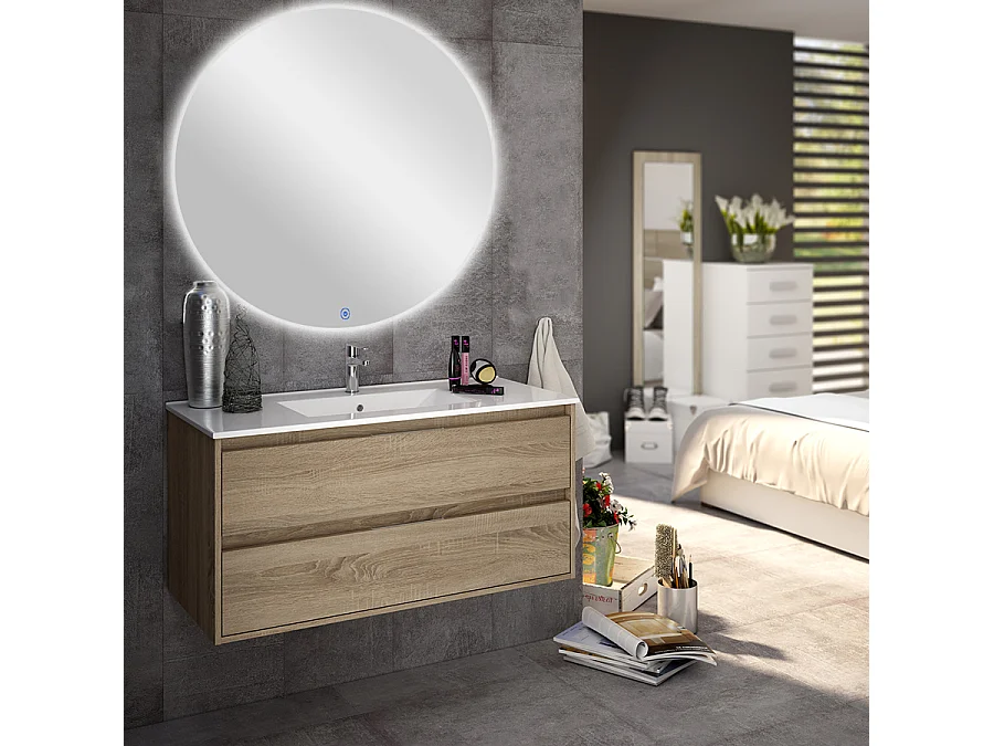 Meuble de salle de bain simple vasque - 2 tiroirs - IRIS et miroir rond Led SOLEN - cambrian (chêne) - 80cm