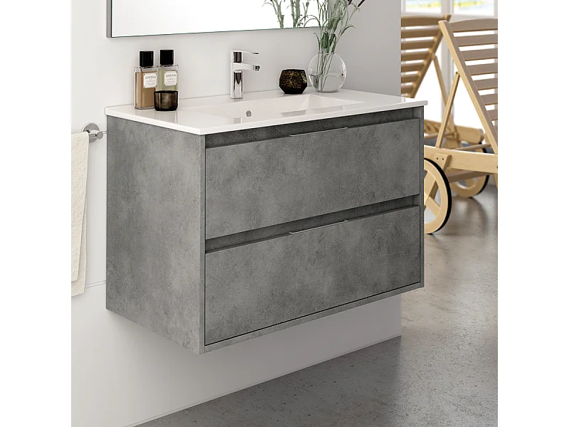 Meuble de salle de bain 80cm simple vasque - 2 tiroirs - sans miroir - IRIS - ciment (gris)