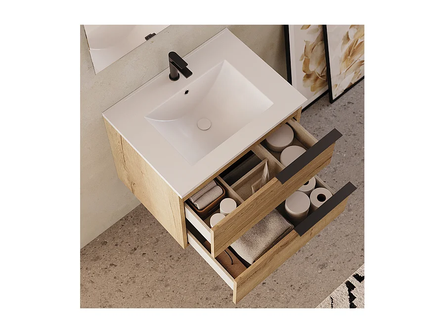 Meuble de salle de bain 60cm - 2 tiroirs - sans miroir - roble (chêne clair) - KING