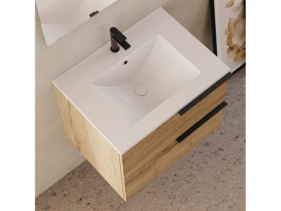 Meuble de salle de bain 60cm - 2 tiroirs - sans miroir - roble (chêne clair) - KING