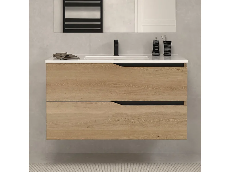 Meuble de salle de bain 90cm simple vasque - 2 tiroirs - sans miroir - madera miel (chêne clair) - LUNA