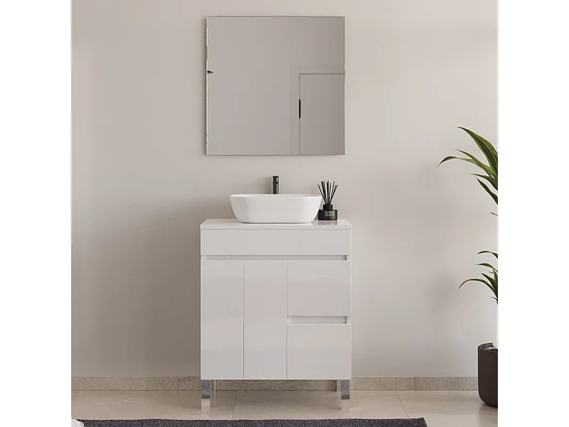 Meuble de salle de bain 70cm sur pieds avec plateau et une cuve à poser arrondie - portes et tiroirs - blanc - HARO