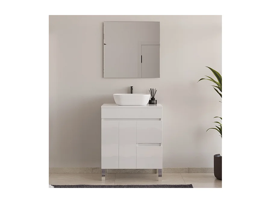 Meuble de salle de bain 70cm sur pieds avec plateau et une cuve à poser arrondie - portes et tiroirs - blanc - HARO