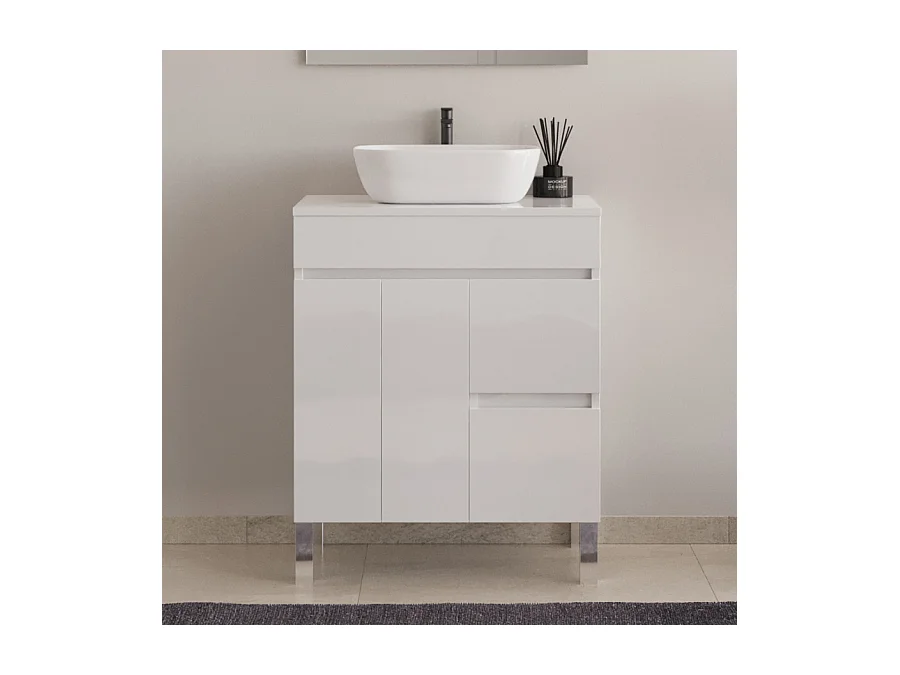 Meuble de salle de bain 70cm sur pieds avec plateau et une cuve à poser arrondie - portes et tiroirs - blanc - HARO