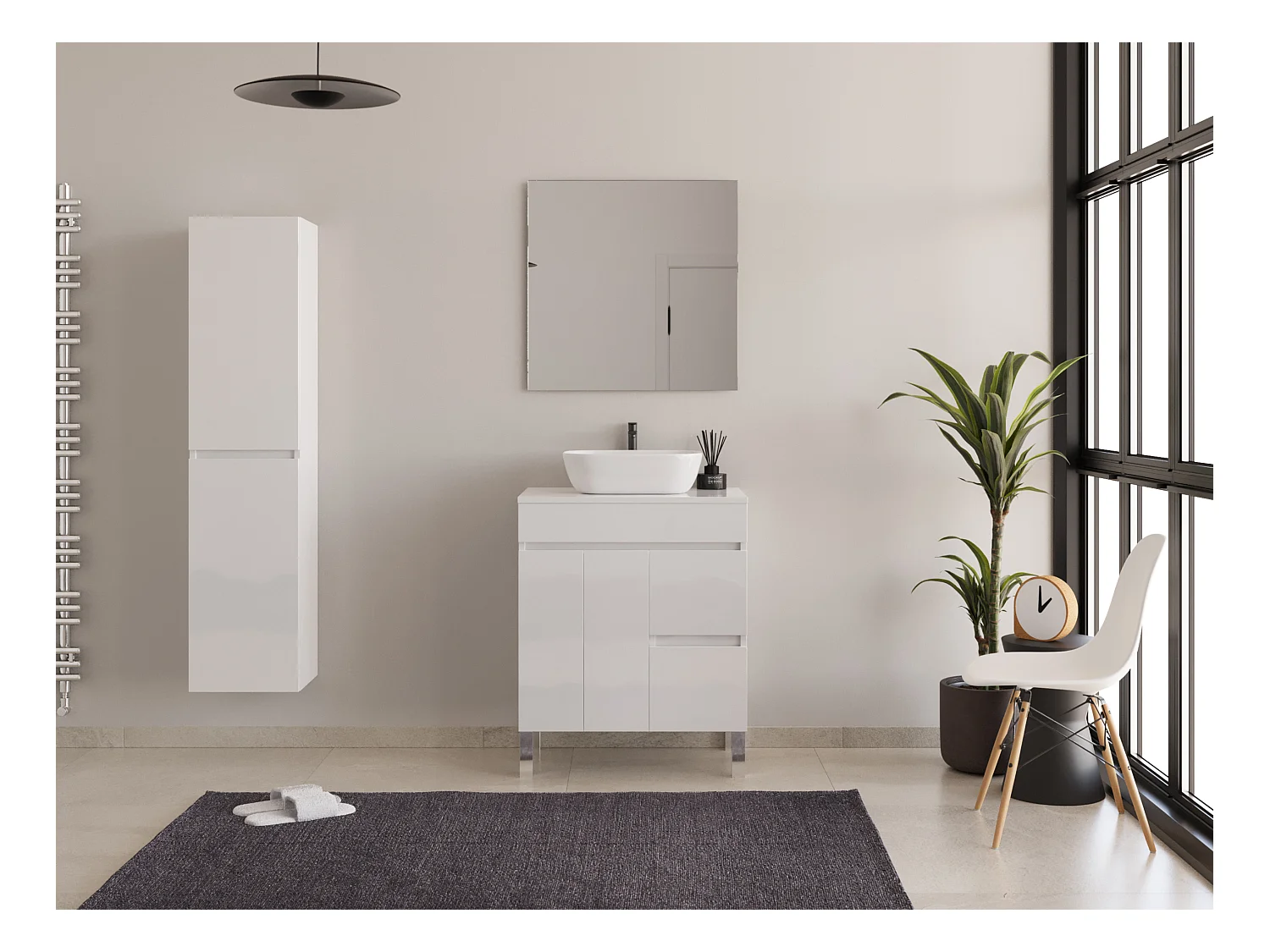 Meuble de salle de bain 70cm sur pieds avec plateau et une cuve à poser arrondie - portes et tiroirs - blanc - HARO