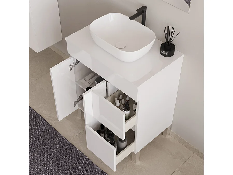 Meuble de salle de bain 70cm sur pieds avec plateau et une cuve à poser arrondie - portes et tiroirs - blanc - HARO