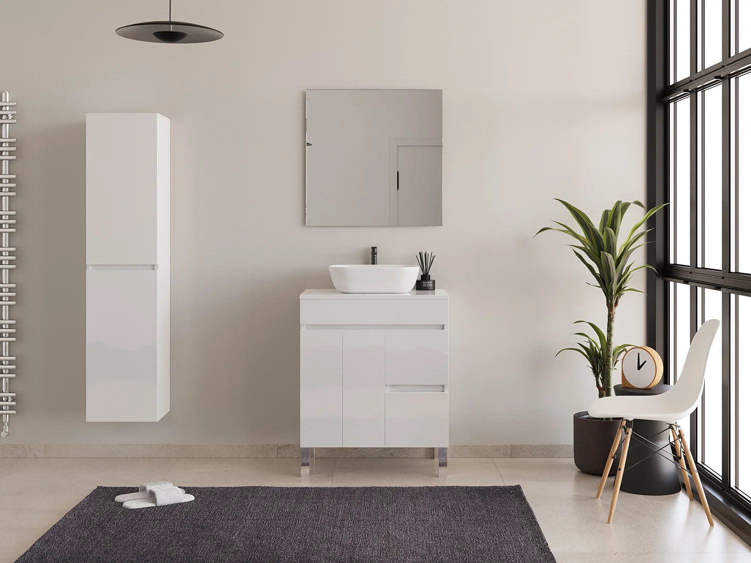 Meuble de salle de bain 70cm sur pieds avec plateau et une cuve à poser arrondie - portes et tiroirs - blanc - HARO