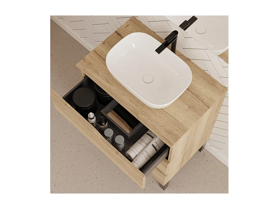 Meuble de salle de bain 70cm avec plateau et vasque à poser zeus - 3 tiroirs - madera miel (chêne clair) - MATA