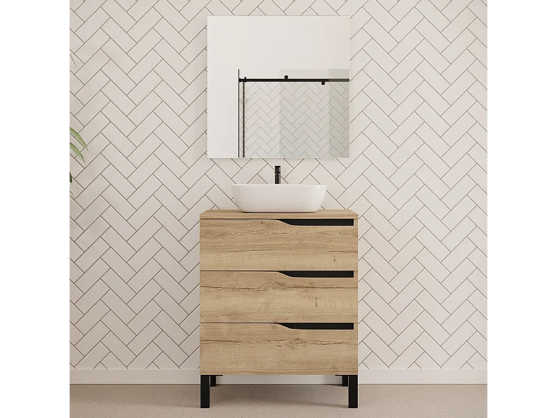 Meuble de salle de bain 70cm avec plateau et vasque à poser zeus - 3 tiroirs - madera miel (chêne clair) - MATA