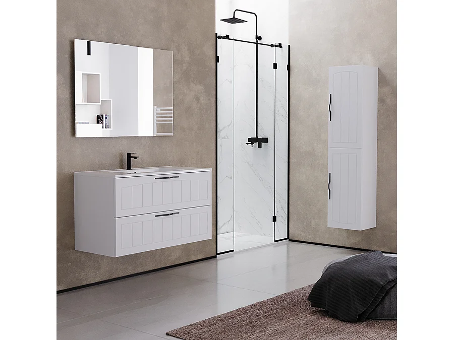 Meuble de salle de bain 100cm simple vasque - 2 tiroirs - blanc - PIA
