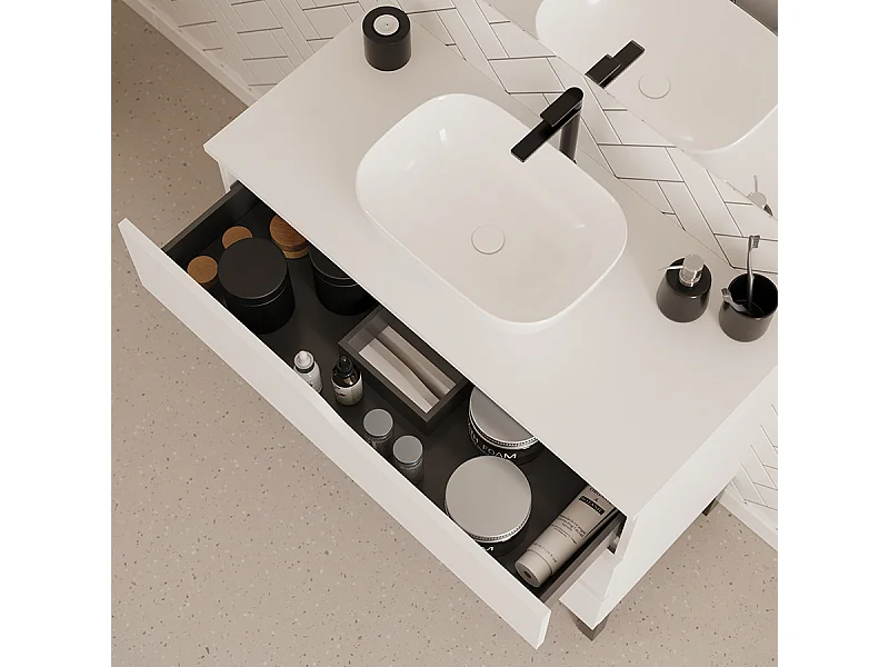 Meuble de salle de bain 90cm avec plateau et vasque à poser zeus - 3 tiroirs - sans miroir - blanc - MATA