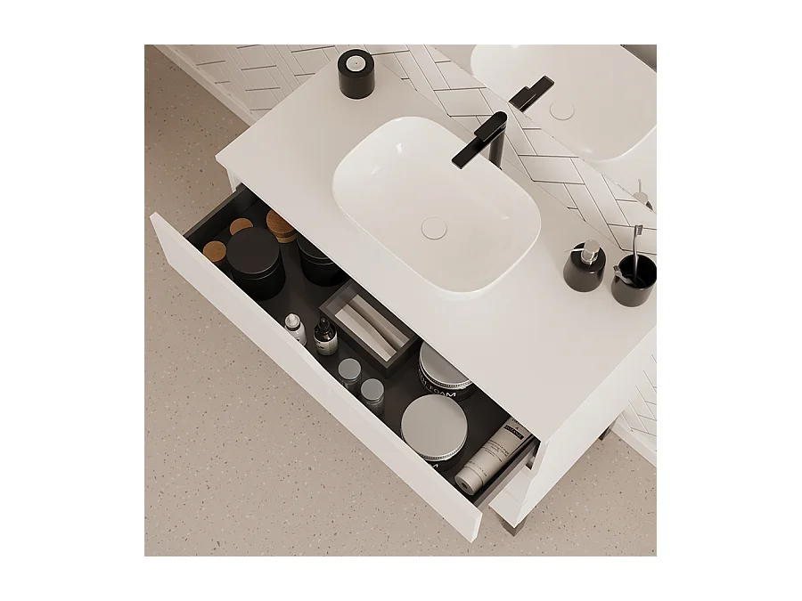 Meuble de salle de bain 90cm avec plateau et vasque à poser zeus - 3 tiroirs - sans miroir - blanc - MATA
