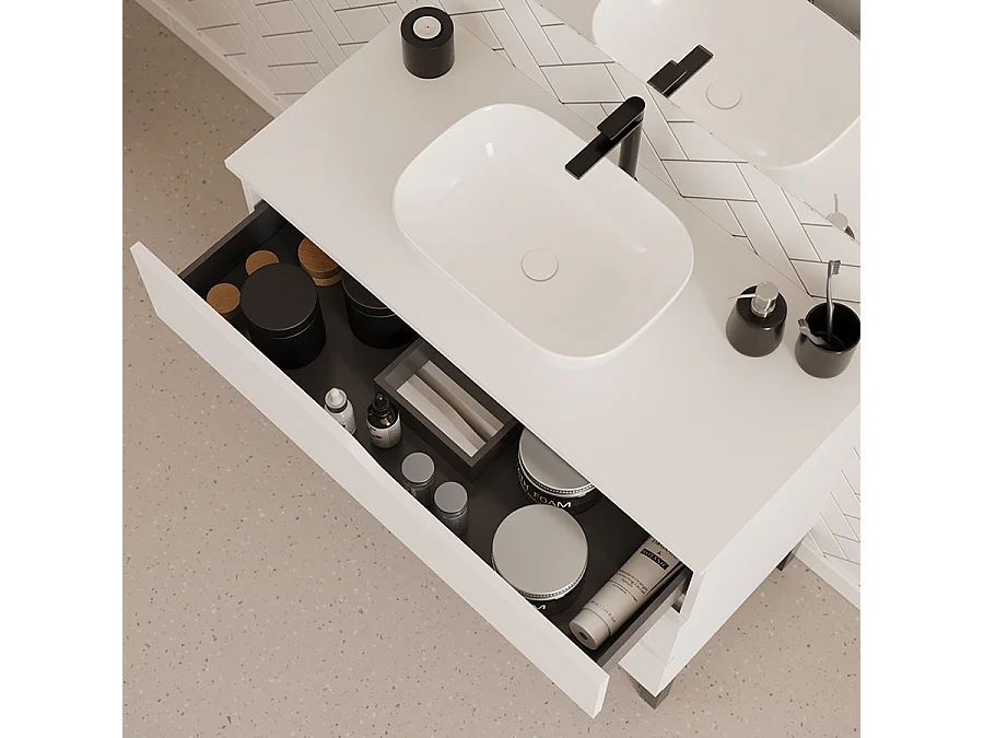 Meuble de salle de bain 90cm avec plateau et vasque à poser zeus - 3 tiroirs - sans miroir - blanc - MATA