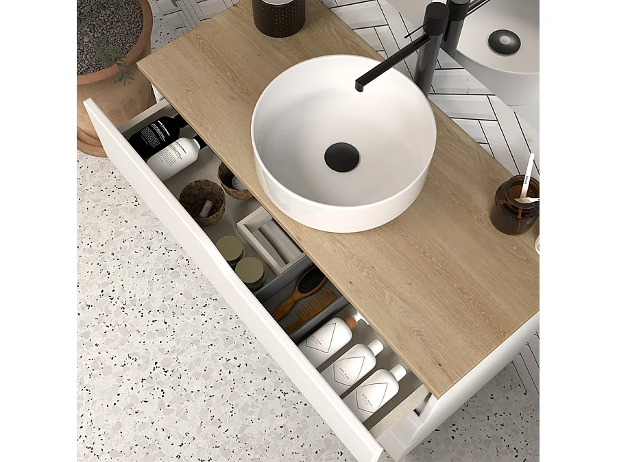 Meuble de salle de bain 90cm avec plateau miel et vasque à poser - 3 tiroirs - sans miroir - blanc - MATA