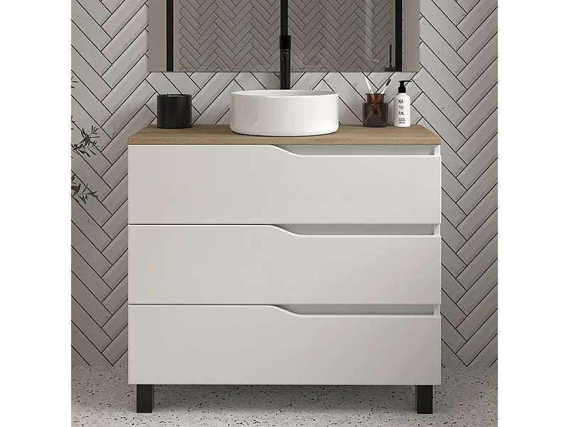 Meuble de salle de bain 90cm avec plateau miel et vasque à poser - 3 tiroirs - sans miroir - blanc - MATA