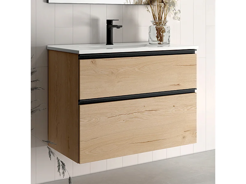 Meuble de salle de bain 80 cm simple vasque - 2 tiroirs - sans miroir - CREMA