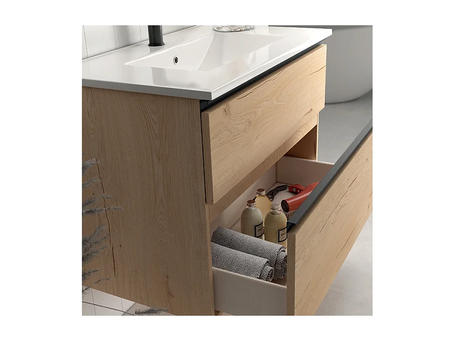Meuble de salle de bain 80 cm simple vasque - 2 tiroirs - sans miroir - CREMA