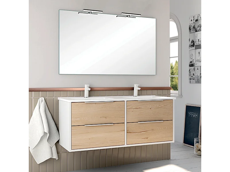Meuble de salle de bain 120cm double vasque - 4 tiroirs - ALBA - blanc/roble