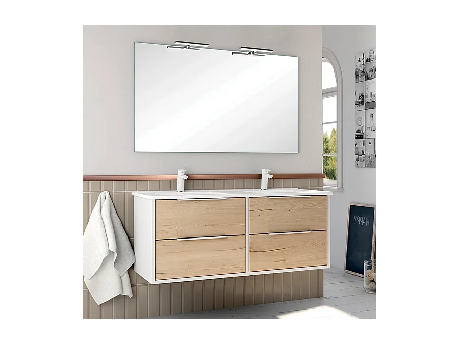 Meuble de salle de bain 120cm double vasque - 4 tiroirs - ALBA - blanc/roble