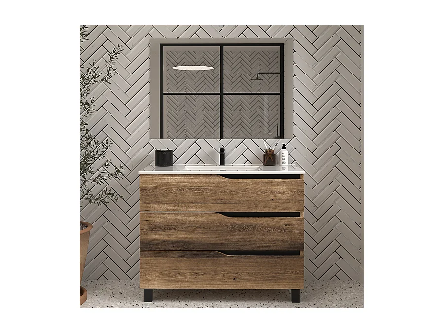 Meuble de salle de bain 90cm simple vasque - 3 tiroirs - tabacco (chêne foncé) - MATA
