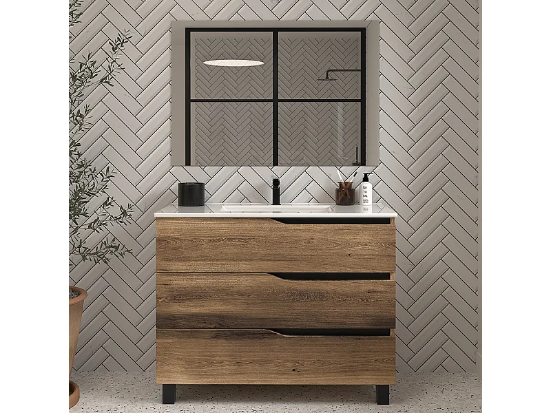 Meuble de salle de bain 90cm simple vasque - 3 tiroirs - tabacco (chêne foncé) - MATA