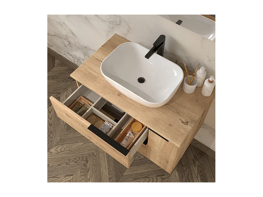 Meuble de salle de bain 120cm vasque déportée - 2 tiroirs - miroir avec armoirette - KING - Roble (chêne clair)