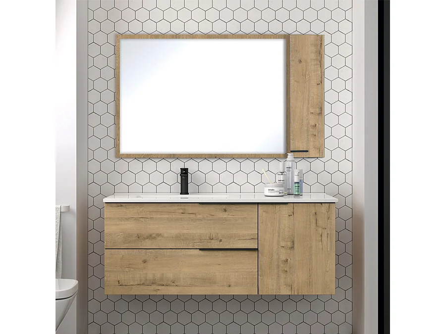 Meuble de salle de bain 120cm vasque déportée - 2 tiroirs - miroir avec armoirette - KING - Roble (chêne clair)