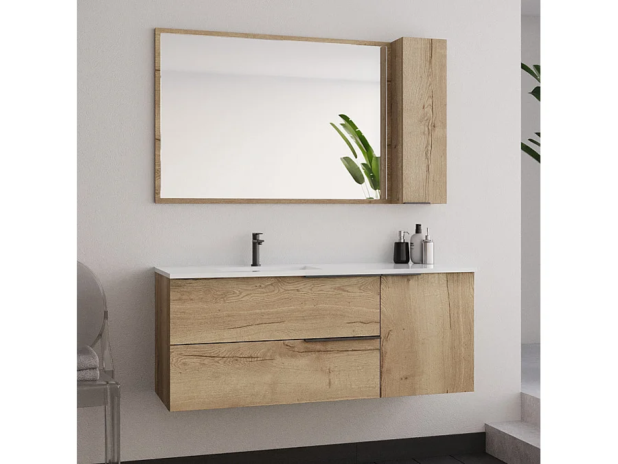 Meuble de salle de bain 120cm vasque déportée - 2 tiroirs - miroir avec armoirette - KING - Roble (chêne clair)