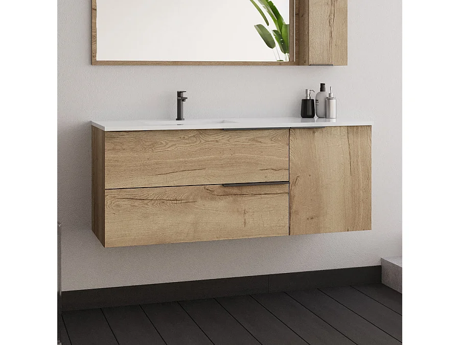 Meuble de salle de bain 120cm vasque déportée - 2 tiroirs - miroir avec armoirette - KING - Roble (chêne clair)